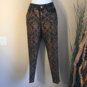 Jane Doe foil ankle skinny jeans copper floral paint print 7 raw hem